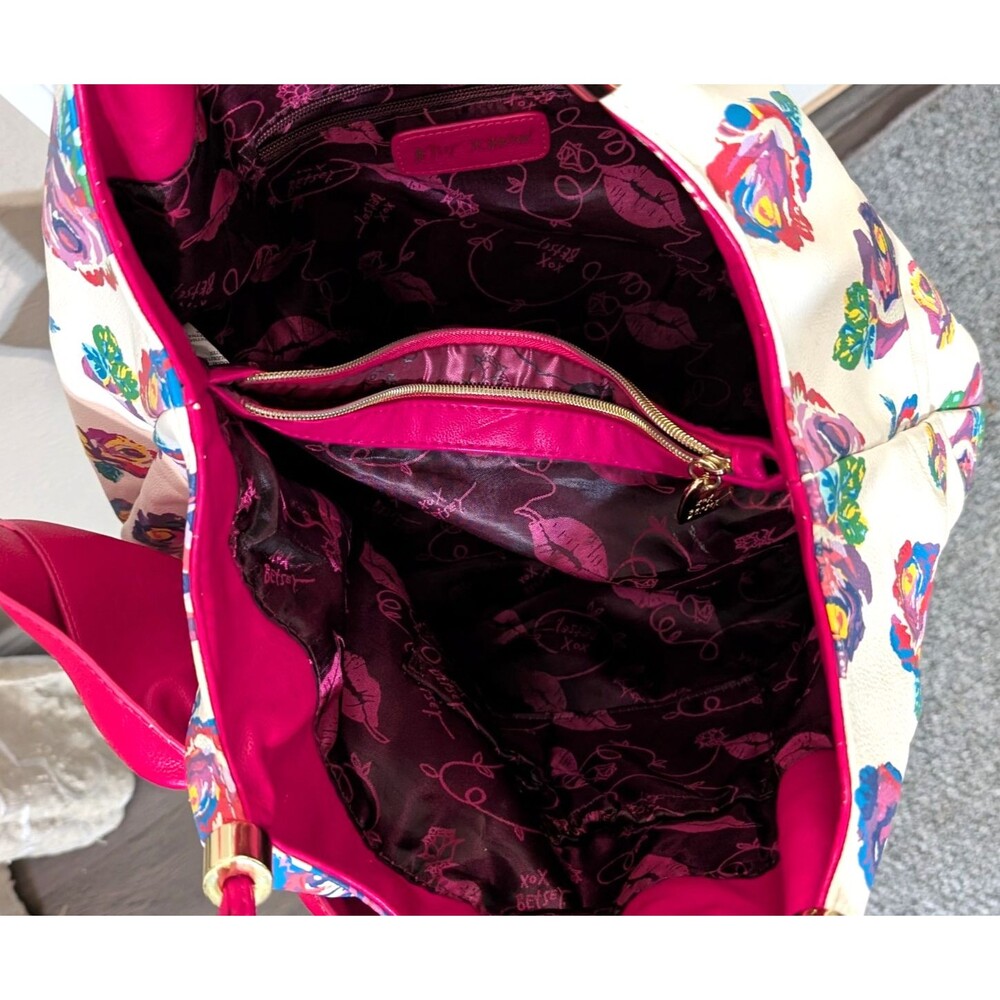 betsey johnson Bow-licious BIG Hot Pink Bow Hogo Bag Fushia Floral Tote Gold - Picture 5 of 8